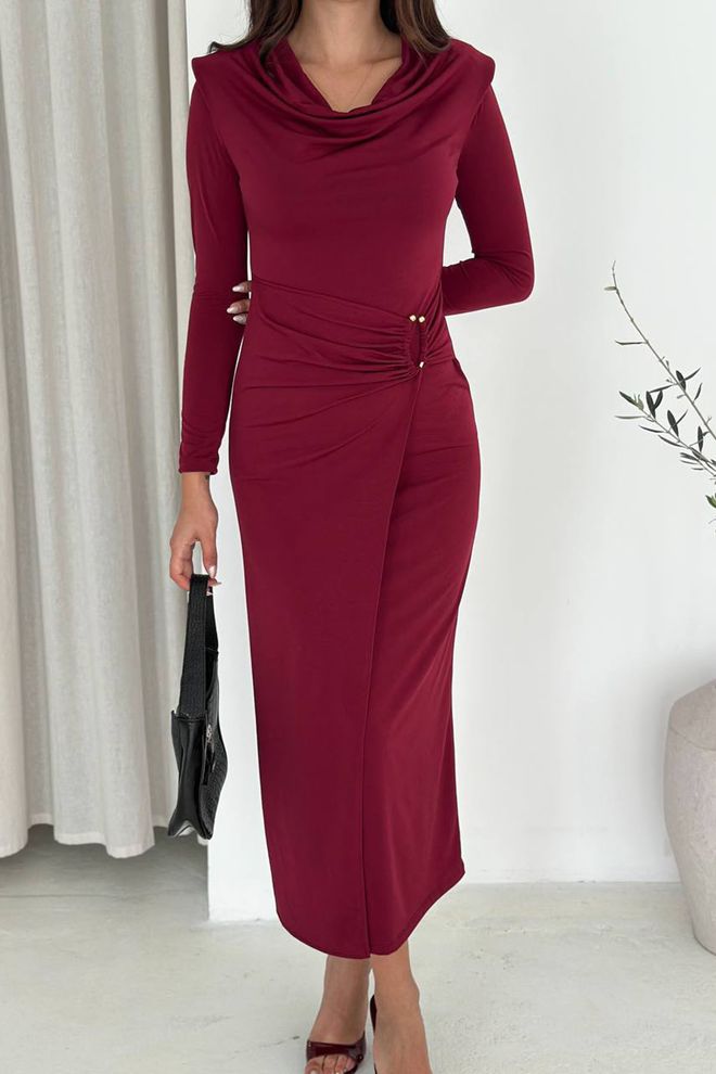 Mode Roy Μπορντό Κομψό Φόρεμα Θήκη Με Ντραπέ Λαιμόκοψη Χονδρικό εμπόριο ενδυμάτων Απλό