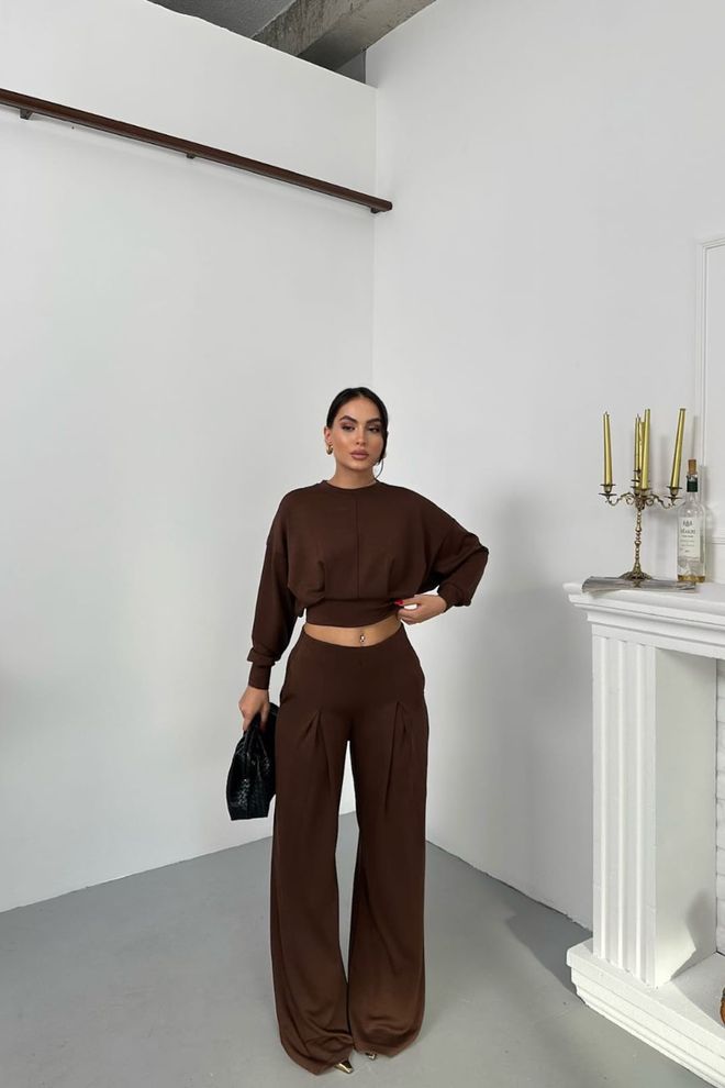Mode Roy Καφέ Αθλητική Φόρμα Με Φαρδύ Παντελόνι Palazzo Χονδρικό εμπόριο ενδυμάτων Casual