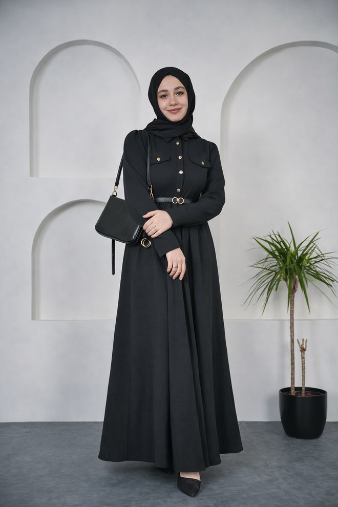 Mode Roy Elegantes Schwarzes Fit And Flare Kleid Großhandelskleidung Modest