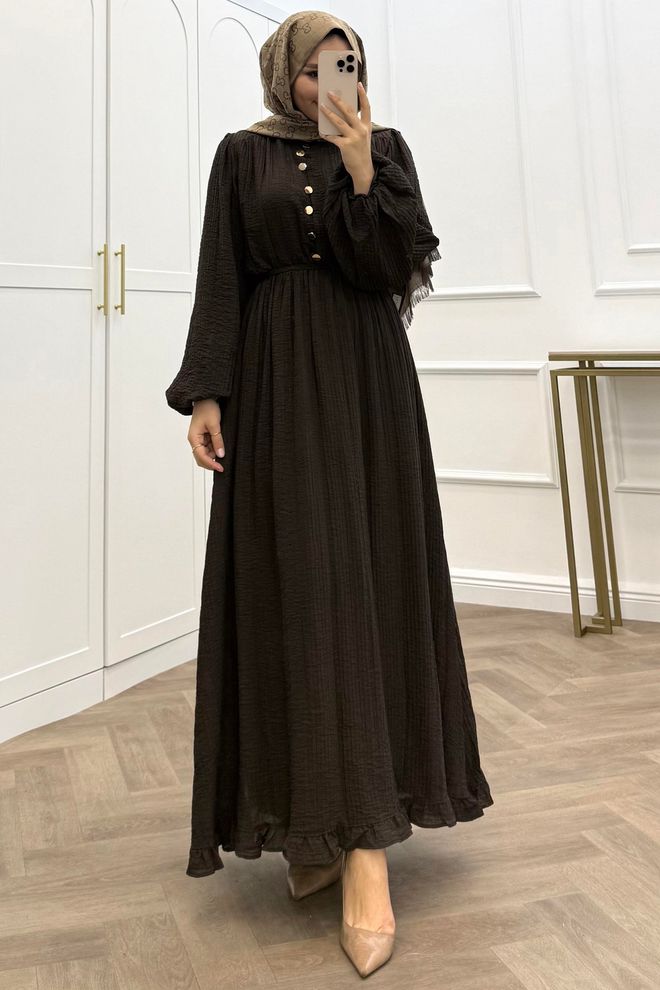 Mode Roy فستان بني بتصميم فيت أند فلير وأكمام طويلة ملابس بالجملة محتشم