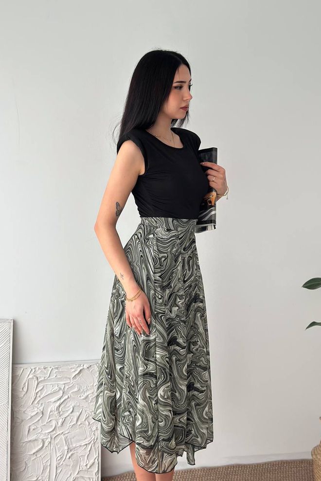 Mode Roy Crna Ležerna Mramorna Midi Haljina A kroj Veleprodaja odjeće Ležerni