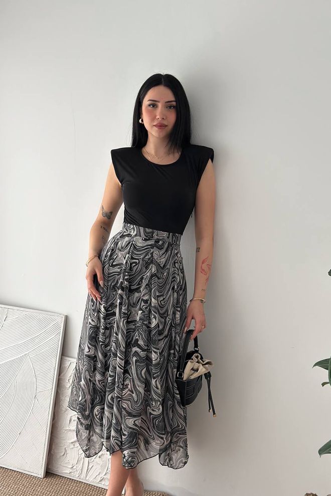 Mode Roy Crna Mramorna Zvonolika Midi Haljina Veleprodaja odjeće Ležerni