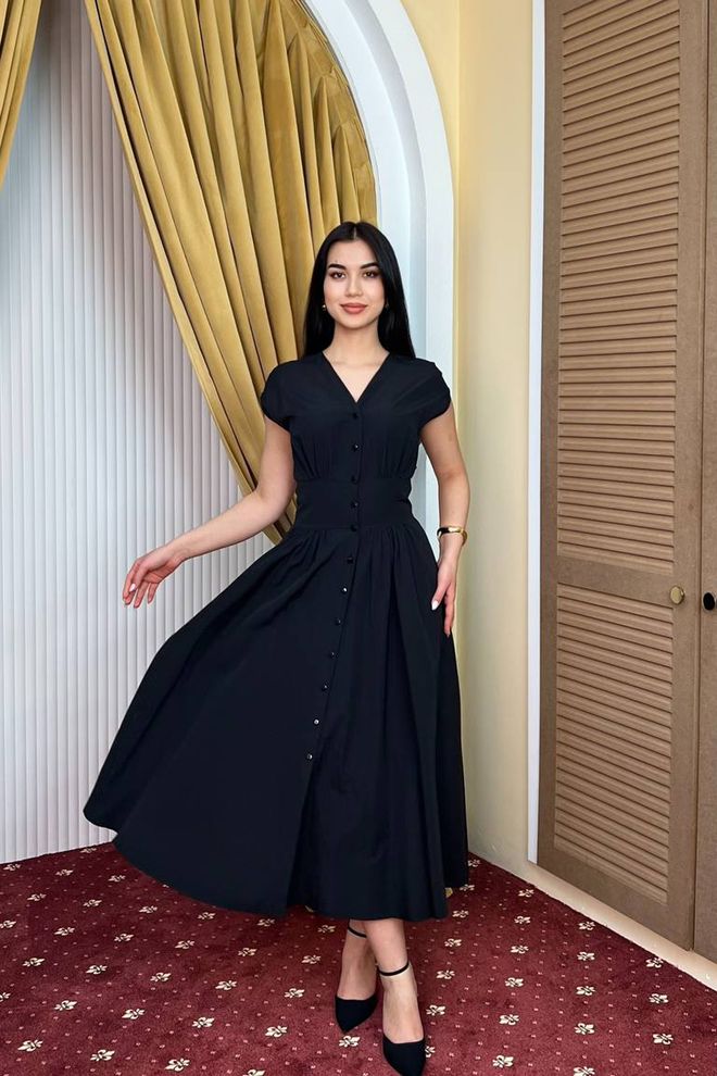 Mode Roy Crna Fit And Flare Haljina S V izrezom Midi Dužinom I Kratkim Ravnim Rukavima Veleprodaja odjeće Skroman