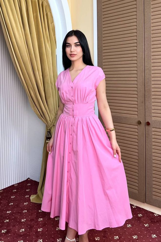 Mode Roy Ružičasta Zvonolika Midi Haljina S V izrezom I Jako Kratkim Rukavima Veleprodaja odjeće Ležerni