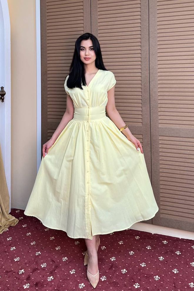 Mode Roy Elegantna Žuta Fit And Flare Haljina S V izrezom Veleprodaja odjeće Ležerni