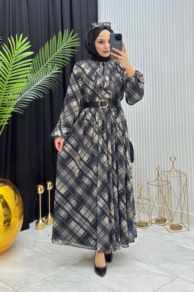 Mode Roy Vestito Nero A Quadri Modesto Elegante A line Formale Abbigliamento all'ingrosso Modesto