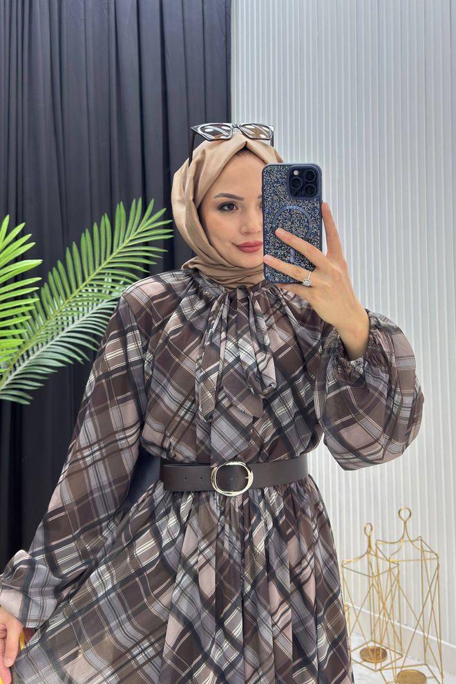 Mode Roy Brown Checkered A Line Dress With Notched Neck Wholesale Clothing Modest