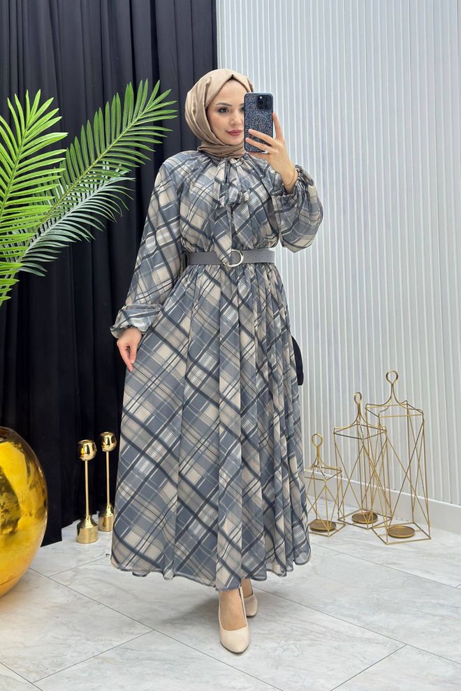 Mode Roy Vestito Grigio A Quadri Modesto Elegante Formale A Line Abbigliamento all'ingrosso Modesto