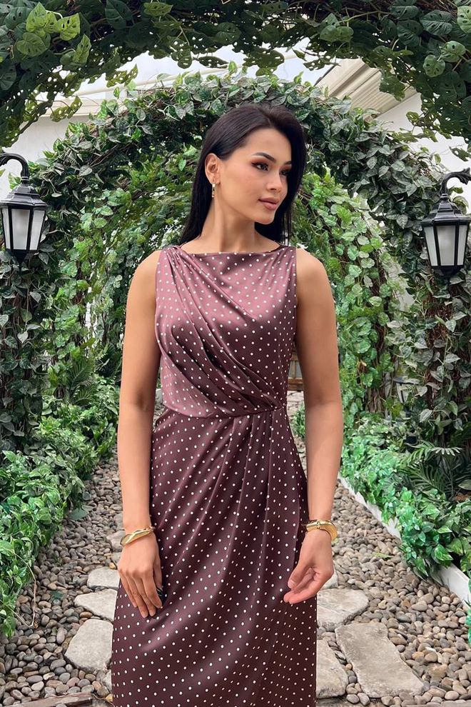 Mode Roy Bruine Polka Dot Schede Jurk Met Boothals Groothandel Kleding Vintage