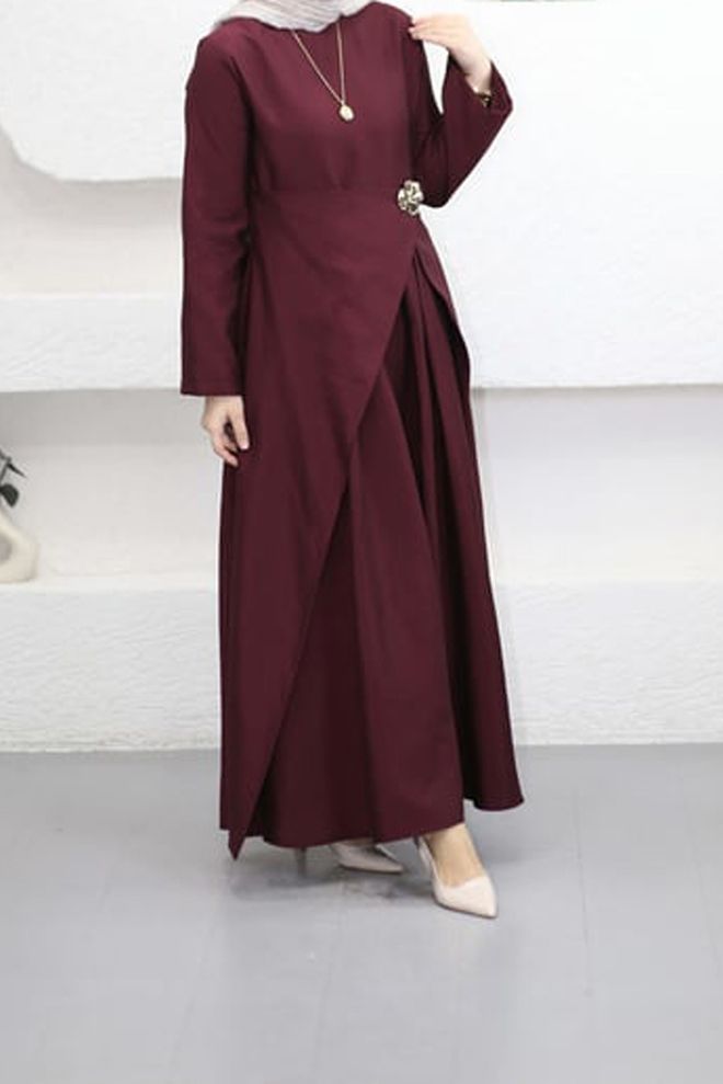 Mode Roy Bordeauxrood Elegante Bescheiden Wrap Jurk Groothandel Kleding Bescheiden