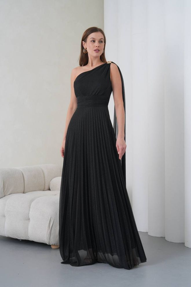 Mode Roy Rochie Neagră Elegantă A line O Umăr Lungime Până La Podea Îmbrăcăminte cu ridicata Formal