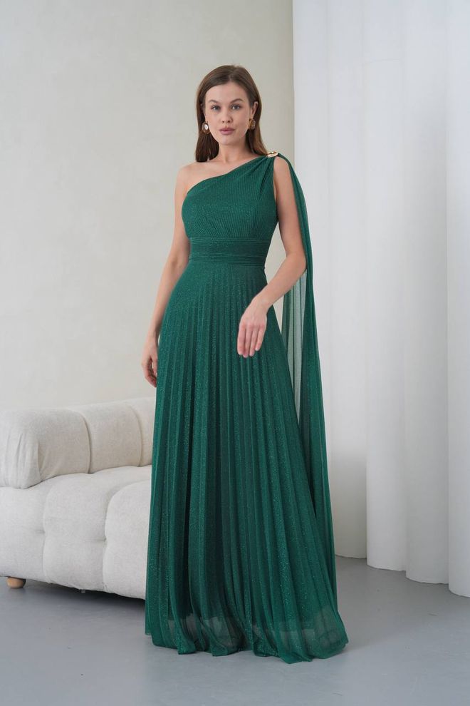 Mode Roy Yeşil Zarif A Kesim Tek Omuz Yer Hizasında Elbise Toptan Giyim Resmi