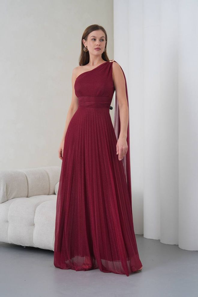 Mode Roy Rochie Roșu Bordo Elegantă Tip A Cu Un Umăr Îmbrăcăminte cu ridicata Formal