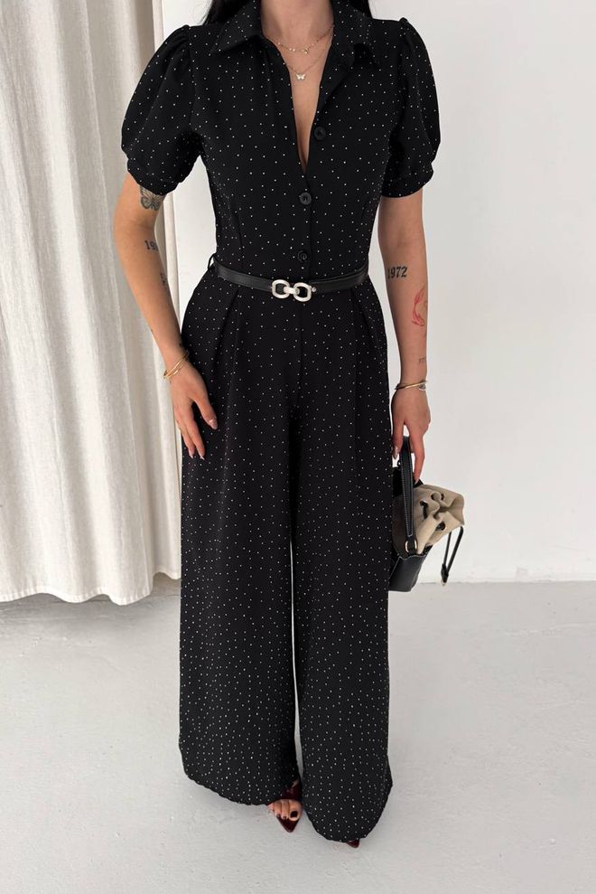 Mode Roy Crni Formalni Kombinezon Na Točkice S Puf Rukavima Veleprodaja odjeće Ležerni