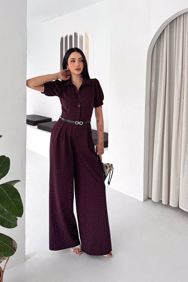 Mode Roy Bordowy Kombinezon Tailored W Kropki Z Bufiastymi Rękawami Hurtowa sprzedaż odzieży Casual