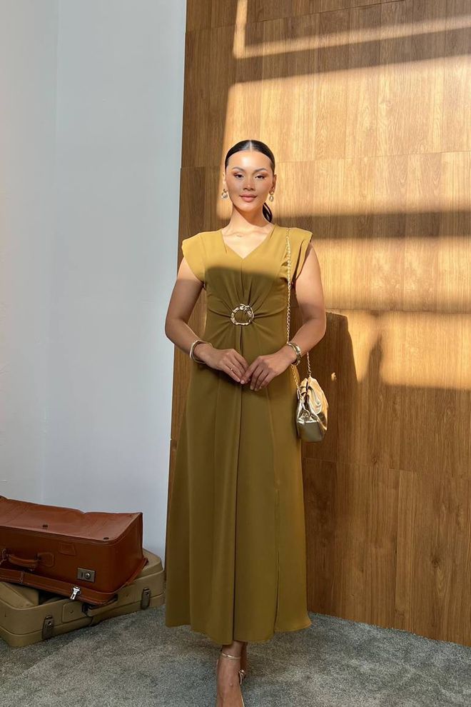 Mode Roy Rochie Kaki Elegantă Fit And Flare Midi Îmbrăcăminte cu ridicata Formal