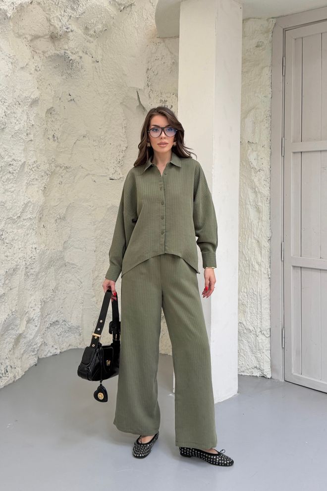 Mode Roy Πράσινο Κομψό Casual Σετ Με Ριγέ Παντελόνι Palazzo Χονδρικό εμπόριο ενδυμάτων Απλό