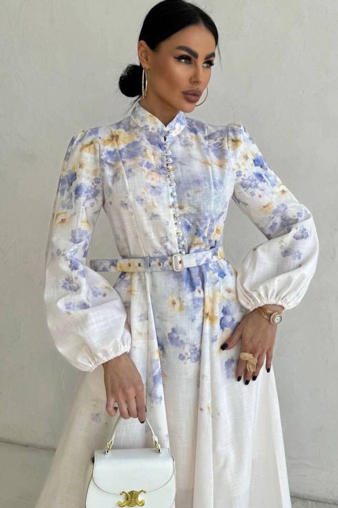 Mode Roy Elegancka Biała Sukienka Midi O Fasonie A Z Rękawami Balonowymi Hurtowa sprzedaż odzieży Skromny