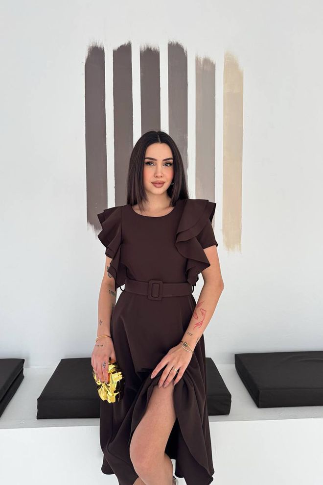 Mode Roy Brown Fit And Flare Midi Dress With Ruffle Sleeves Wholesale Clothing Work