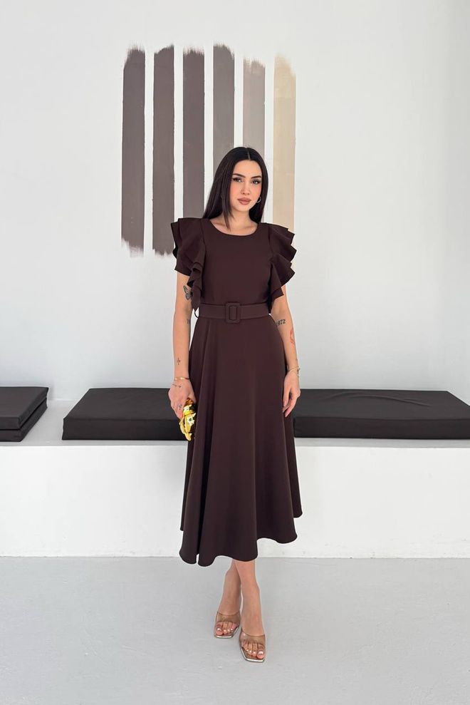 Mode Roy Brown Fit And Flare Midi Dress With Ruffle Sleeves Wholesale Clothing Modest