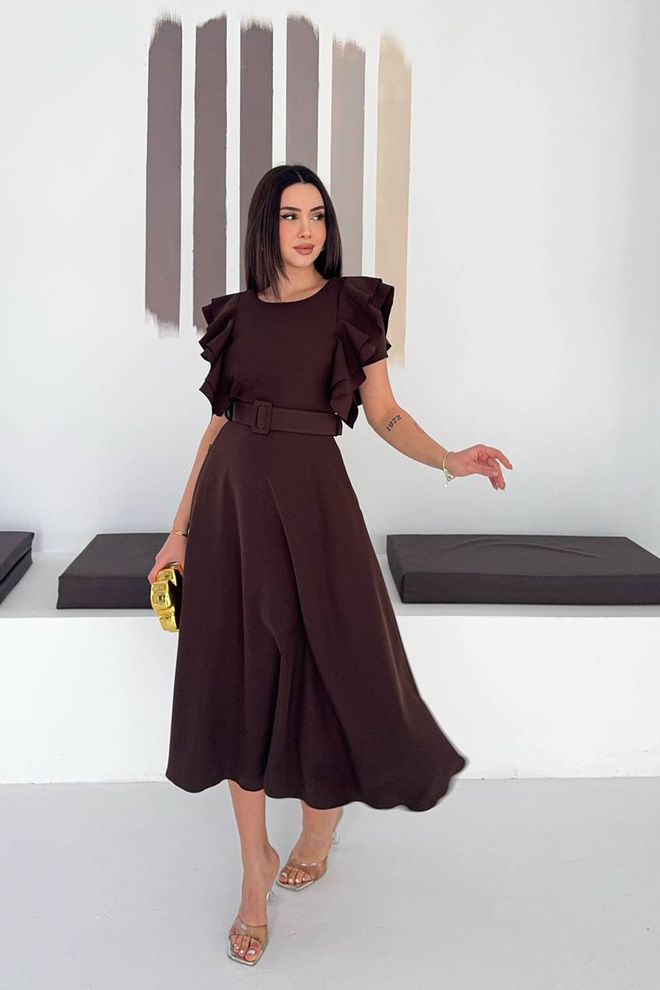 Mode Roy Brown Fit And Flare Midi Dress With Ruffle Sleeves Wholesale Clothing 1