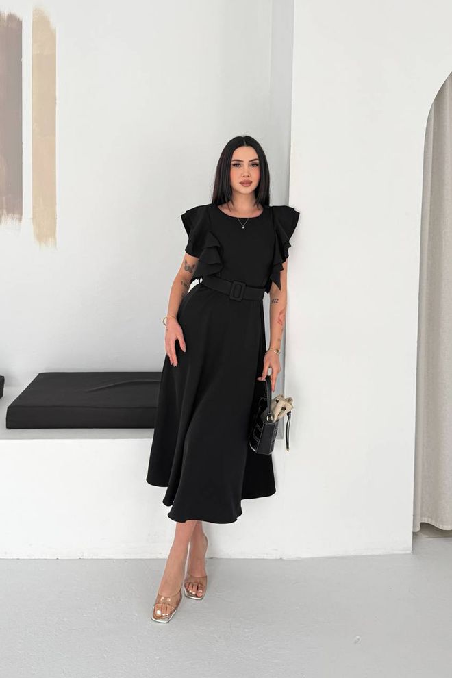 Mode Roy Elegant Black A Line Midi Dress With Ruffle Sleeves Wholesale Clothing Modest