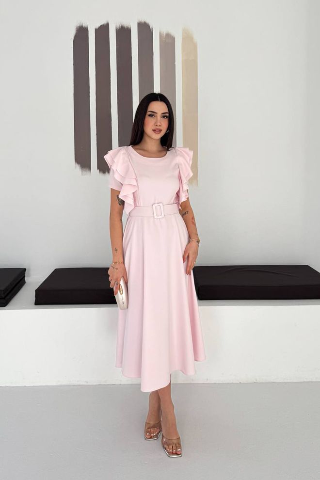 Mode Roy Elegant Pink A Line Dress With Ruffle Half Sleeves Wholesale Clothing Modest