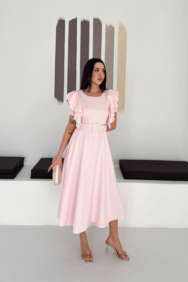 Mode Roy Elegant Pink A Line Dress With Ruffle Half Sleeves Wholesale Clothing 1
