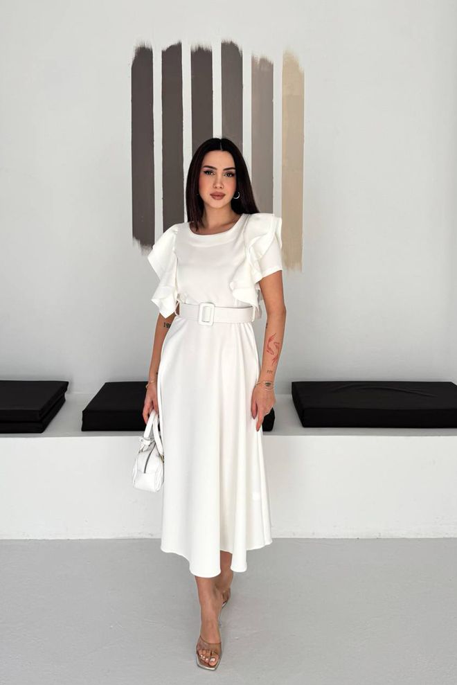 Mode Roy White Elegant A Line Dress With Ruffle Sleeves Wholesale Clothing 1