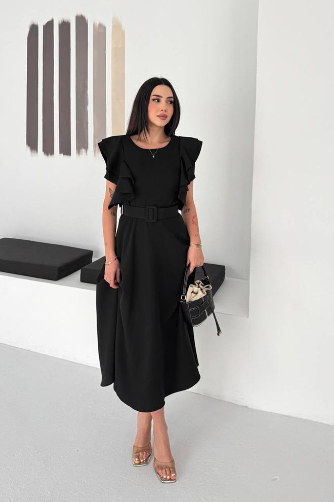 Mode Roy Elegant Black A Line Midi Dress With Ruffle Sleeves Wholesale Clothing Work