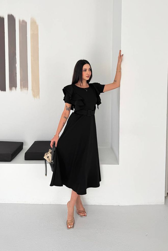 Mode Roy Elegant Black A Line Midi Dress With Ruffle Sleeves Wholesale Clothing 1