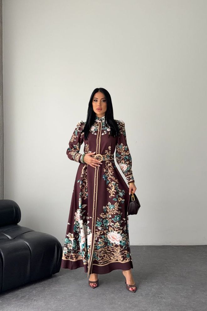 Mode Roy Vestido A Line Floral Castanho Elegante Com Gola Alta Roupas por atacado Modesto