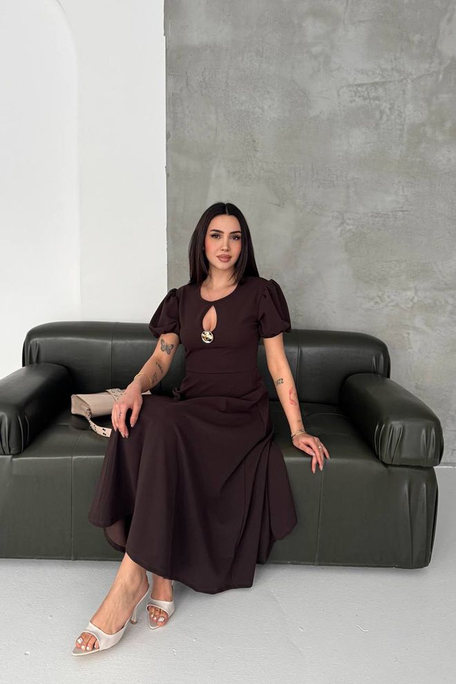 Mode Roy Elegant Brown Fit And Flare Dress With Puff Sleeves Wholesale Clothing Work