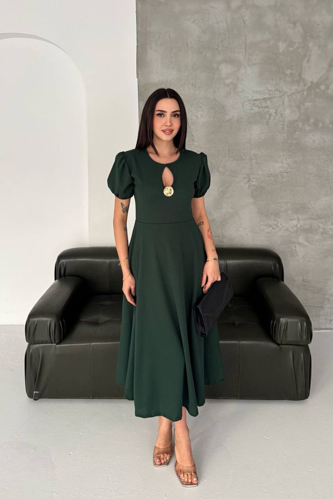 Mode Roy Elegant Green A Line Midi Dress With Puff Sleeves Wholesale Clothing Sexy
