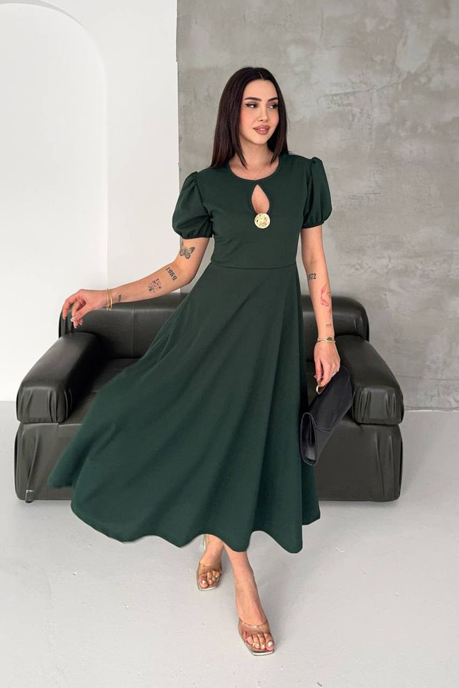 Mode Roy Elegant Green A Line Midi Dress With Puff Sleeves Wholesale Clothing 1