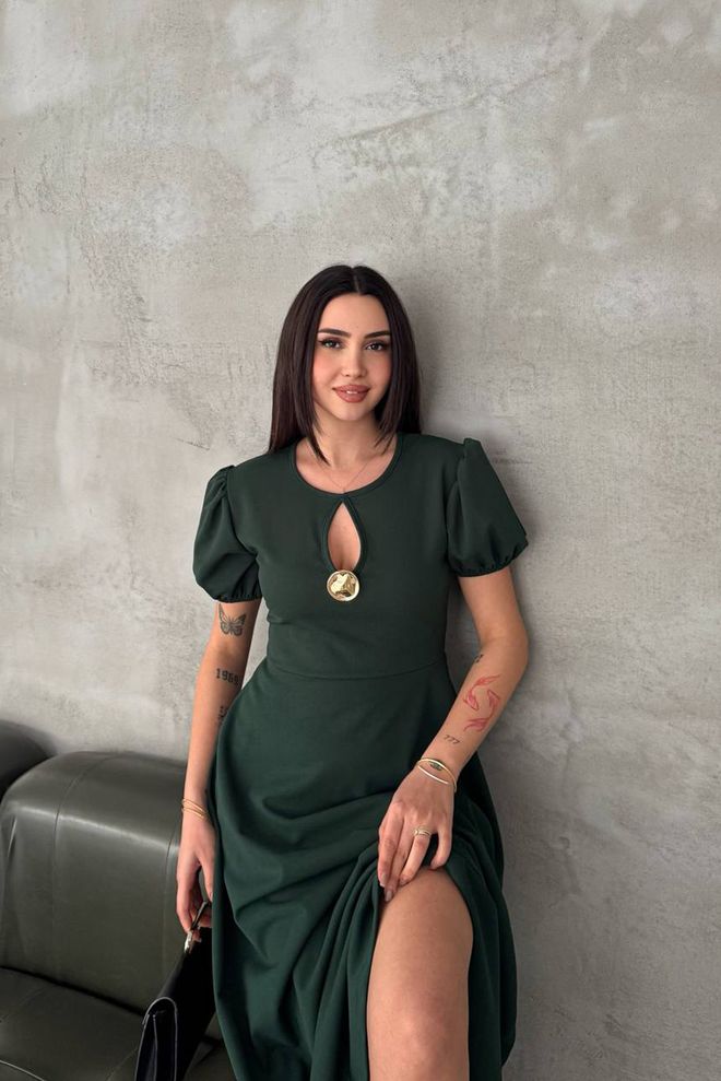 Mode Roy Elegant Green A Line Midi Dress With Puff Sleeves Wholesale Clothing Work