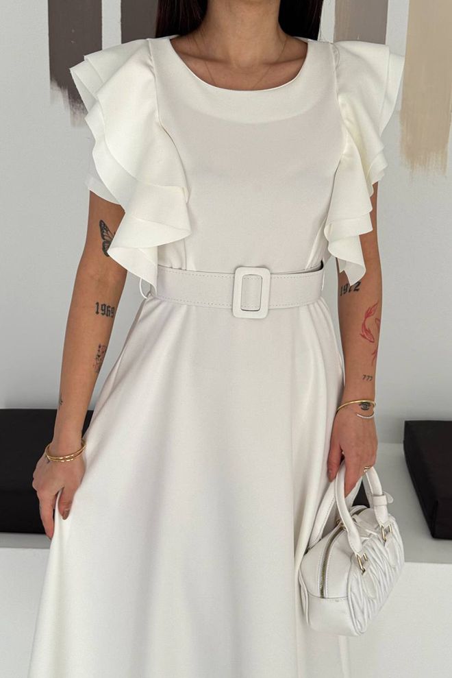 Mode Roy White Elegant A Line Dress With Ruffle Sleeves Wholesale Clothing Work
