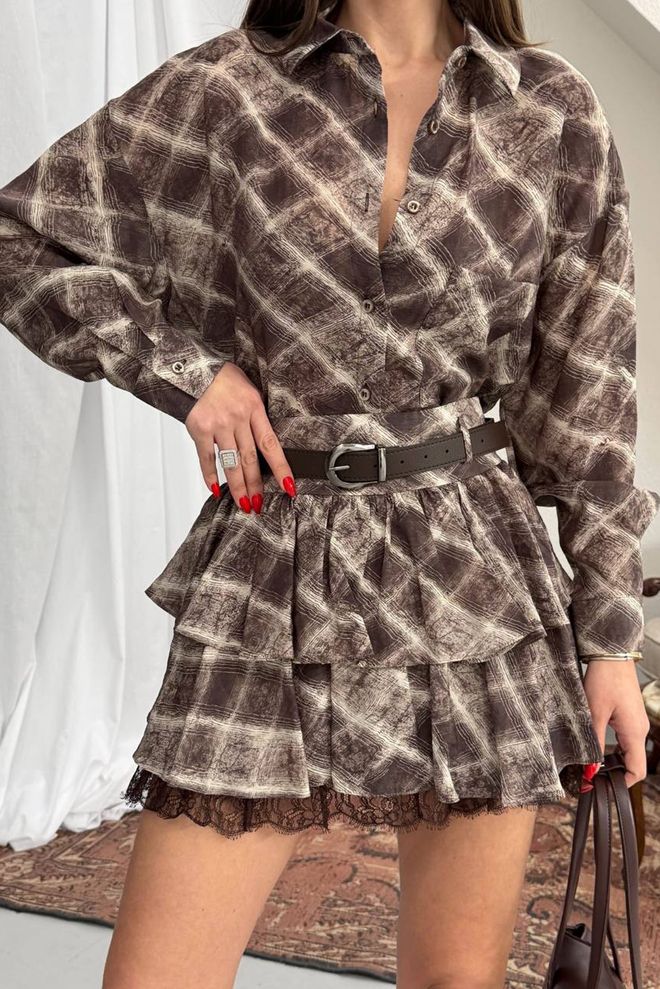 Mode Roy Brown Checkered Mini Shirt Dress With Notched Neck Wholesale Clothing Casual