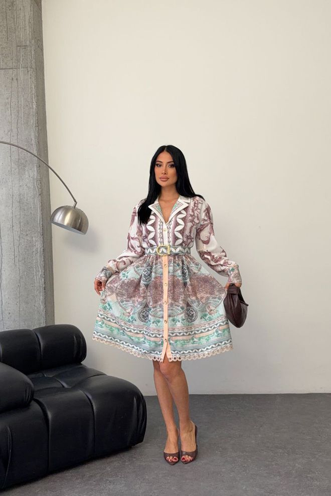 Mode Roy Belt Detailed Mini Size Design Dress Green Wholesale Clothing Casual