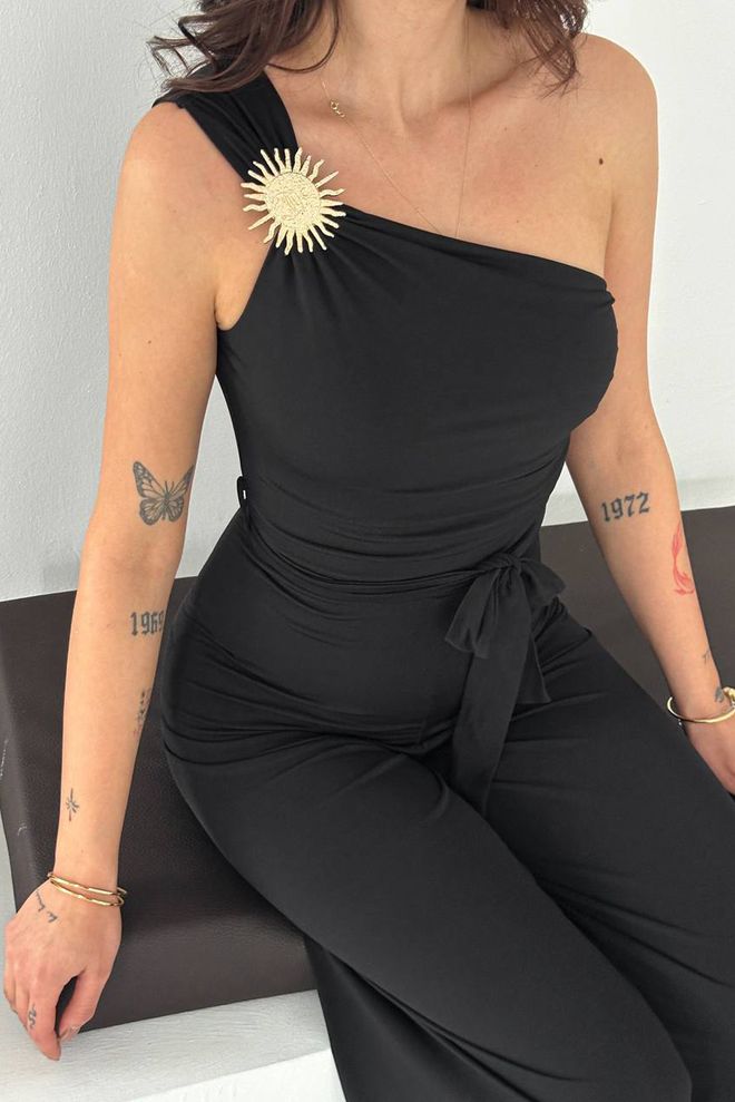 Mode Roy Μαύρη Ραμμένη Σέξι Ολόσωμη Φόρμα Με Λαιμόκοψη Εναν Ωμο Χονδρικό εμπόριο ενδυμάτων Casual