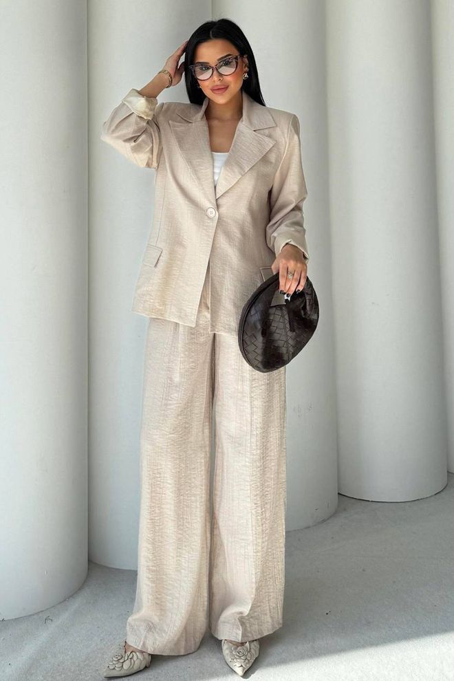 Mode Roy Beige Oversized Formal Set With Palazzo Pants Wholesale Clothing Work