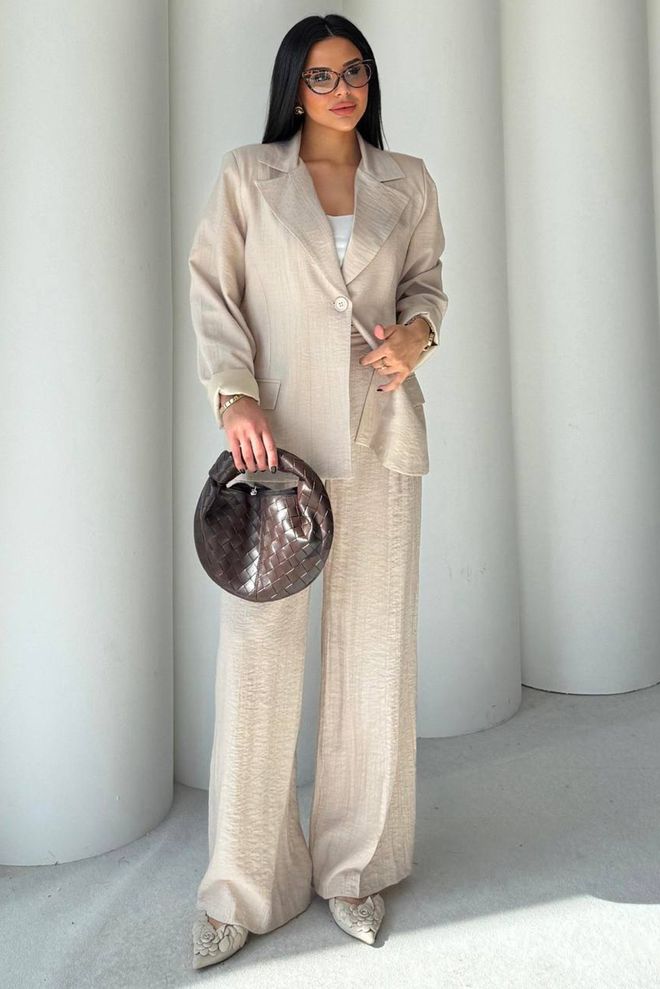 Mode Roy Beige Oversized Formal Set With Palazzo Pants Wholesale Clothing 1