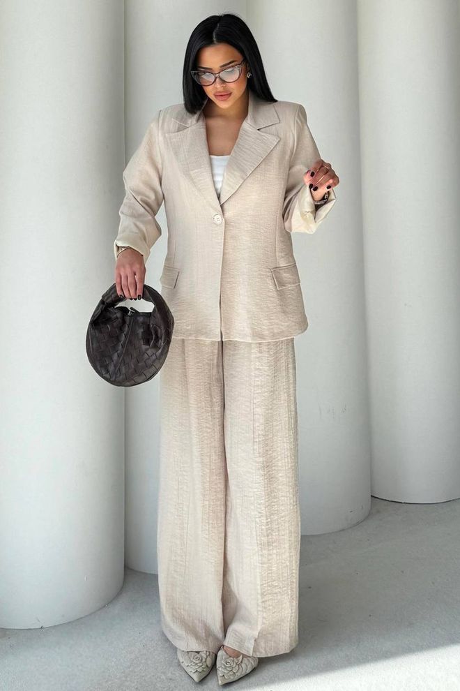 Mode Roy Σετ Μπεζ Σε Επίσημο Oversized Με Παντελόνια Palazzo Χονδρικό εμπόριο ενδυμάτων Casual