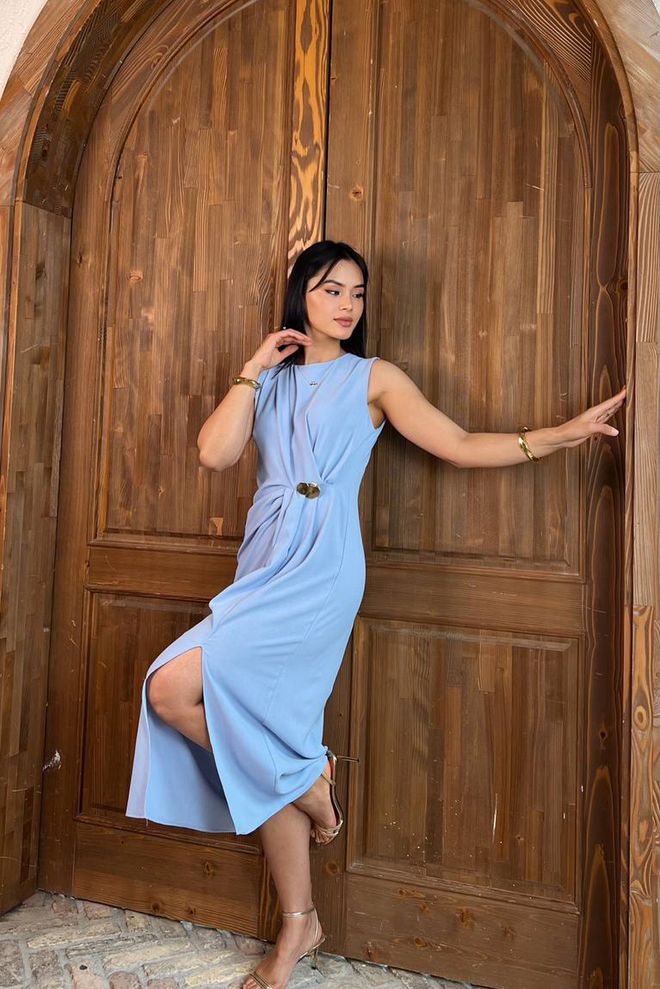 Mode Roy Elegant Blue Sheath Dress With Cap Sleeves Wholesale Clothing 1