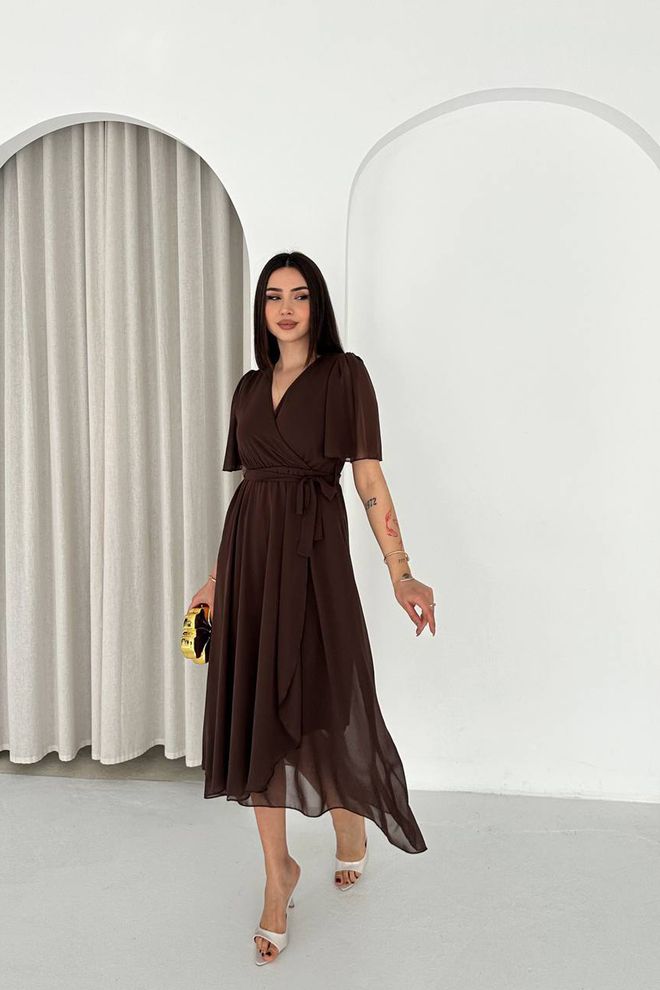 Mode Roy Κομψό Καφέ Wrap Φόρεμα Με V λαιμόκοψη Και Μισό Μανίκι Χονδρικό εμπόριο ενδυμάτων Απλό