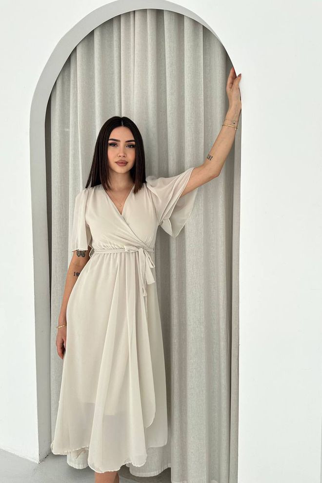 Mode Roy Vestido Beige Elegante Envolvente Con Mangas Capa De Medio Largo Ropa al por mayor Modesto