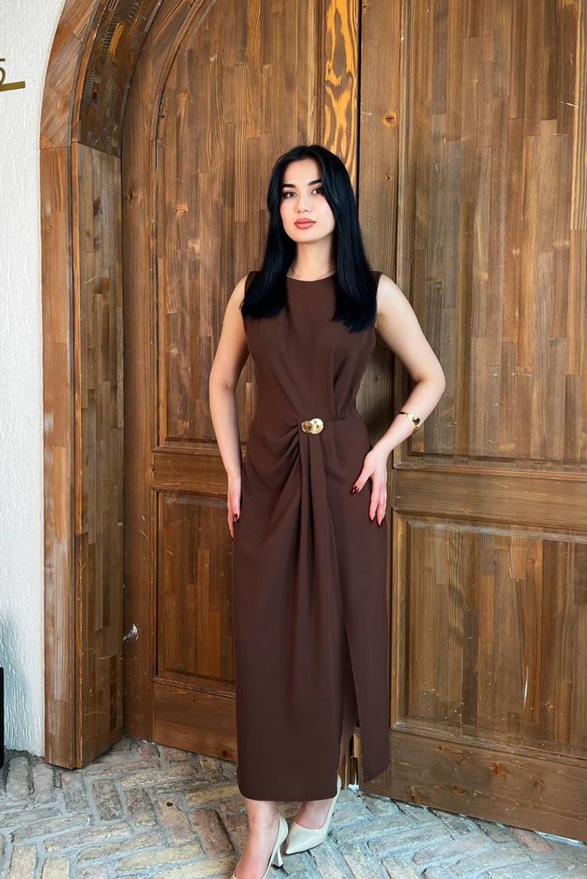 Mode Roy Κομψό Καφέ Φόρεμα Θήκη Με Πολύ Κοντά Μανίκια Χονδρικό εμπόριο ενδυμάτων Επίσημο