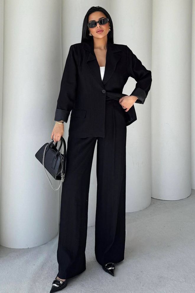Mode Roy Czarny Formalny Elegancki Garnitur Z Szerokimi Spodniami Palazzo Hurtowa sprzedaż odzieży Casual