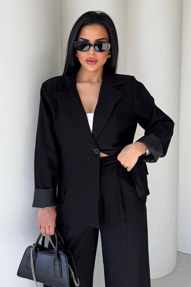 Mode Roy Black Formal Elegant Suit With Wide Leg Palazzo Pants Wholesale Clothing 1