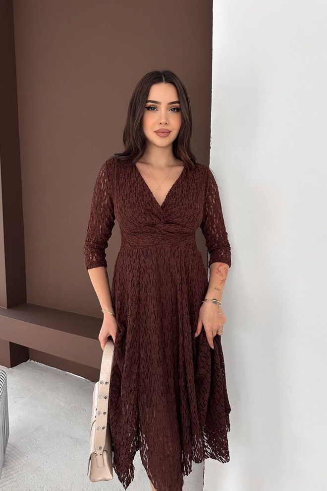 Mode Roy Vestido Embrulho Castanho Elegante Com Decote Em V E Mangas 3/4 Roupas por atacado Modesto